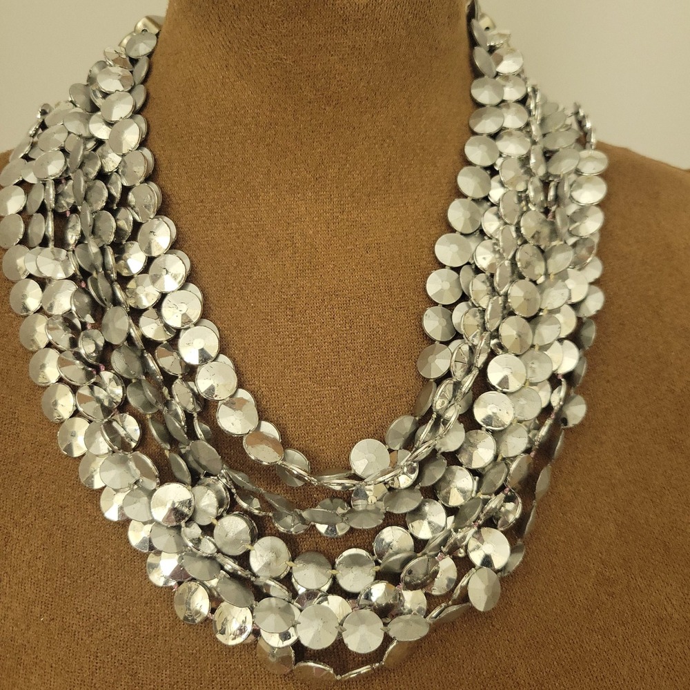 Chico's Silver Tone Multi Strand Faceted Disc Statement Necklace One Size Glam‎